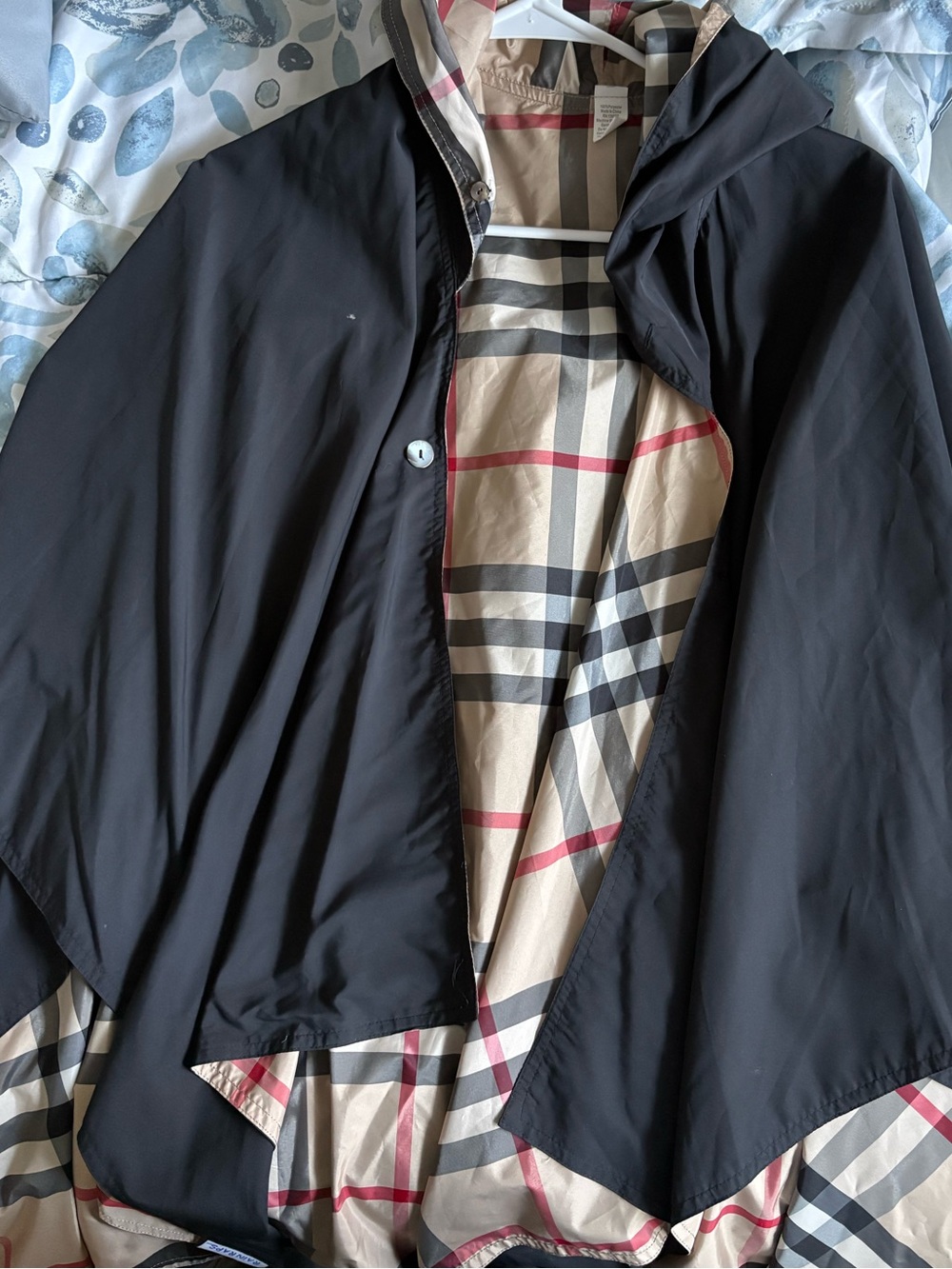 Rains Black Hooded Cape with Tan Checked Lining